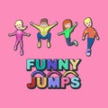 Cartoon characters, kids jumping, funny font.